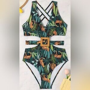 Green Jungle Print Belted One Piece Swimsuit